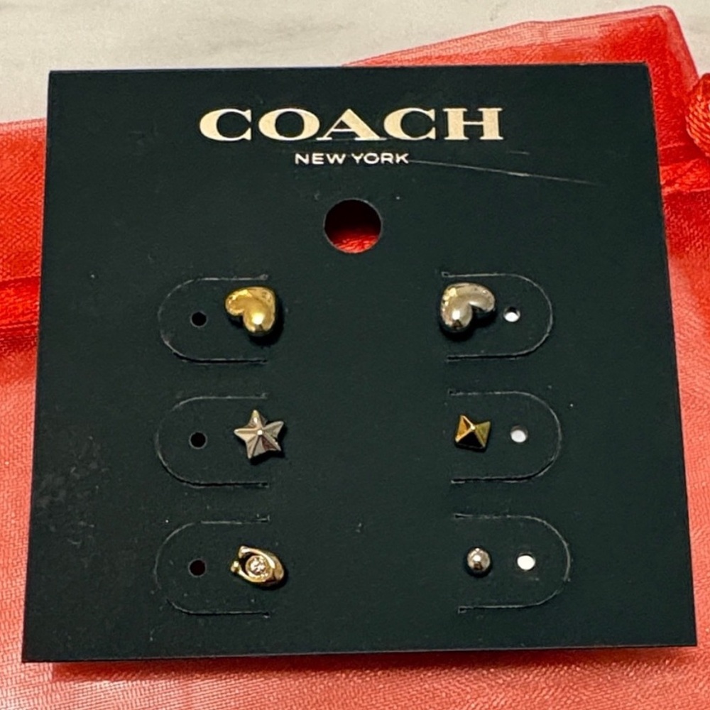NWT COACH Earrings Set of 6 Mix & Match Stud Earrings Gold & Silver Heart Star